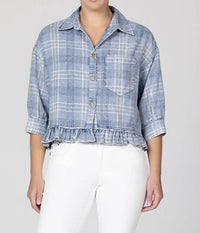 Miss Me Women's Denim Plaid Top in blue - women's shirt