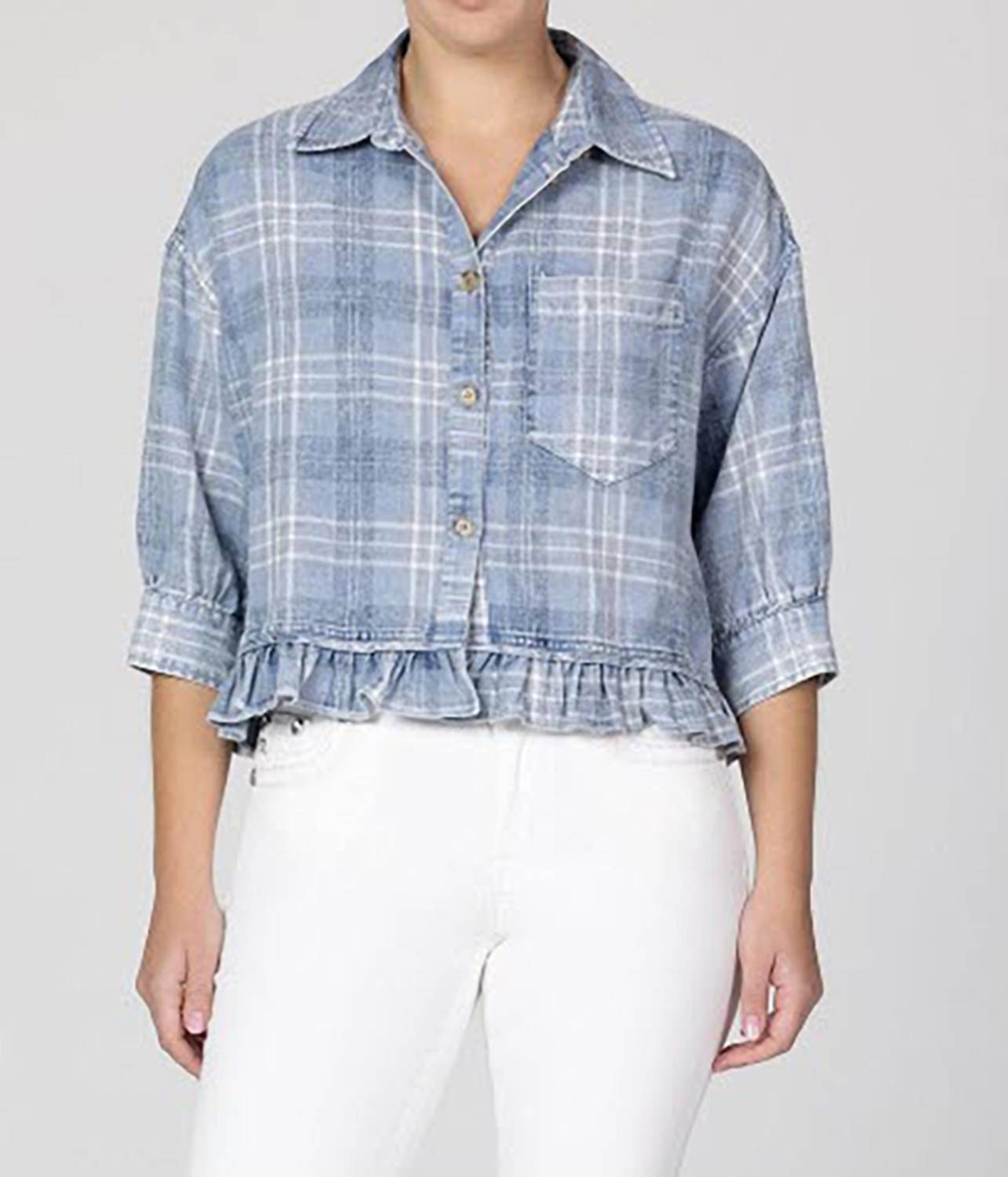 Miss Me Women's Denim Plaid Top in blue - women's shirt