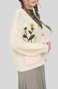 Blu Pepper Floral Embroidery V Neck Button Down Knit Cardigan in cream - women's cardigan - alternate view