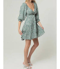 Angie - Cactus Print Long Sleeve V-neck Twist Front Cut Dress