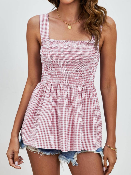 Trendsi - Smocked Plaid Square Neck Tank Top