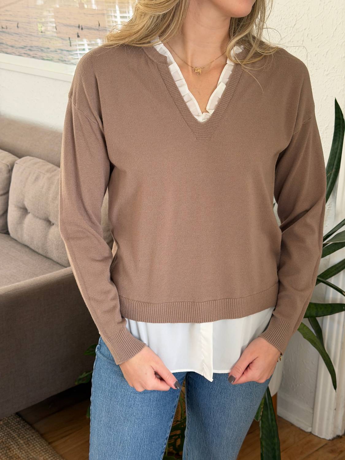 PINCH Dori Knit Woven Combo Long Sleeve Top in mocha - women's long sleeve top - view 4