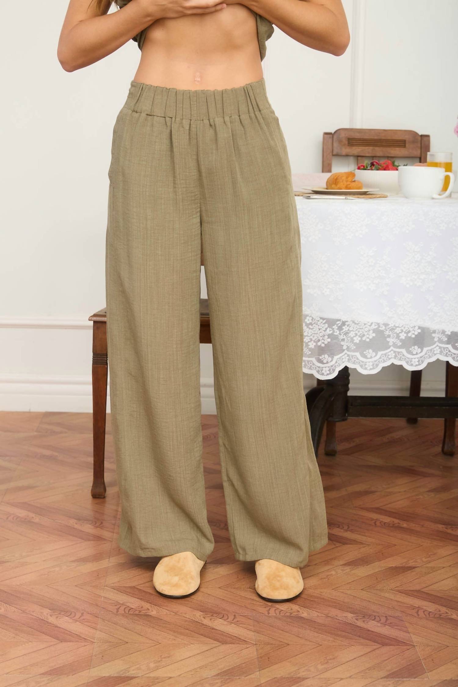 Blu Pepper High Elastic Waist Wide Leg Lounge Pants in olive - women's pants