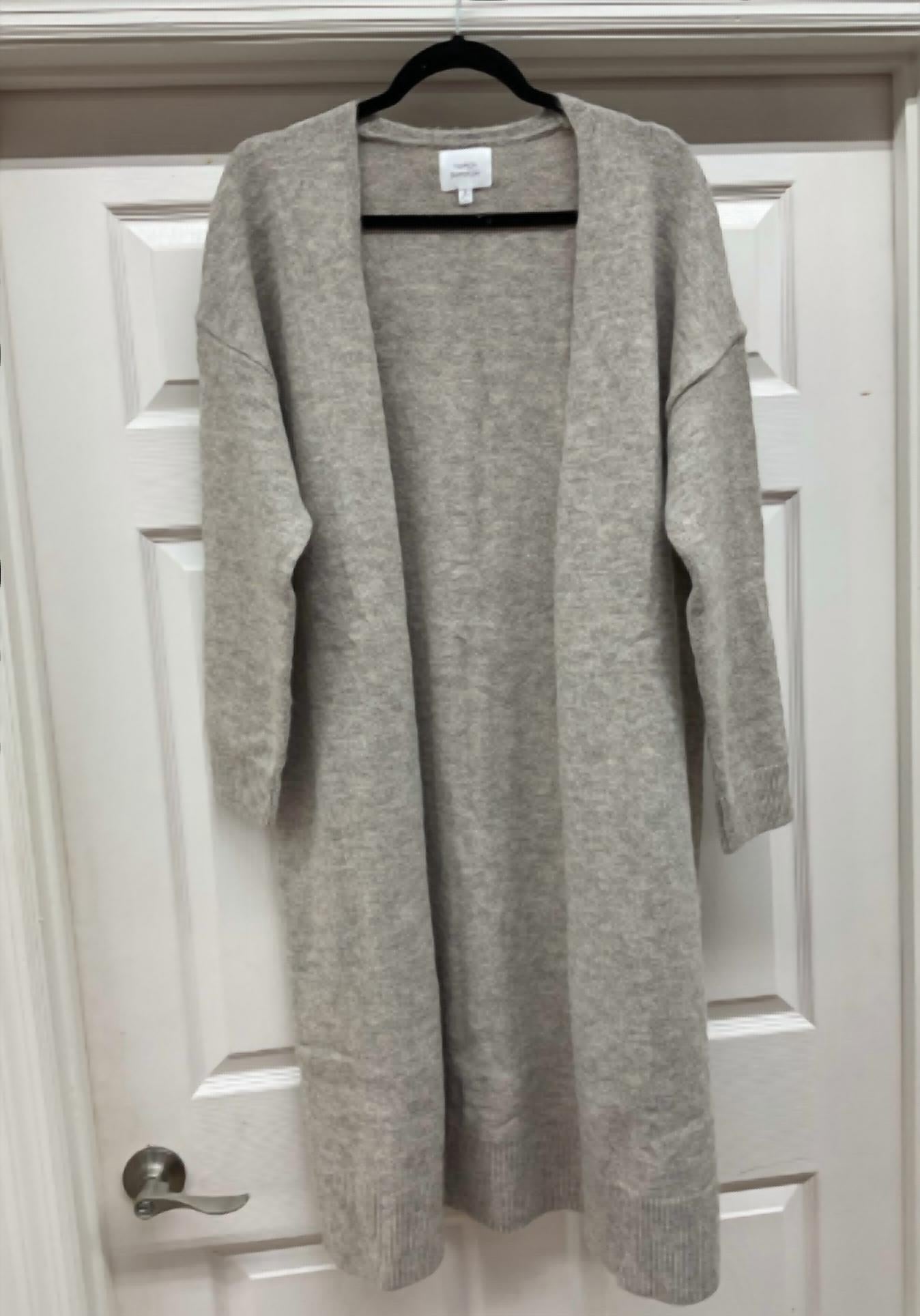 Things Between Long Open Front Cardigan in heather stone - women's cardigan - detail view