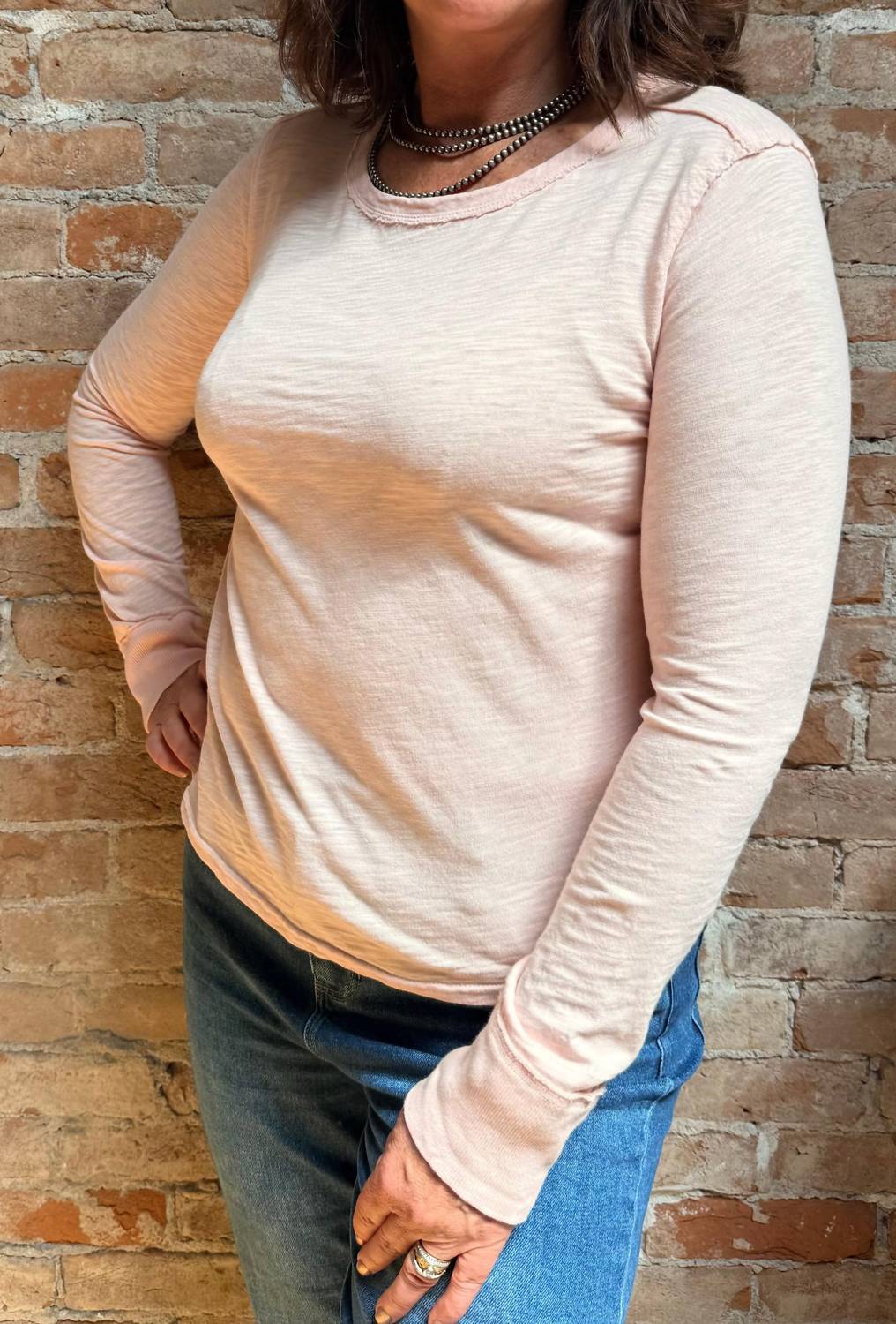 Dylan Soft Cotton Slub Vintage Tee Top in light pink - women's long sleeve top