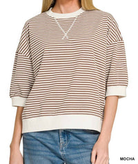 Zenana - Women's Striped Rib Banded Short Sleeve Pullover