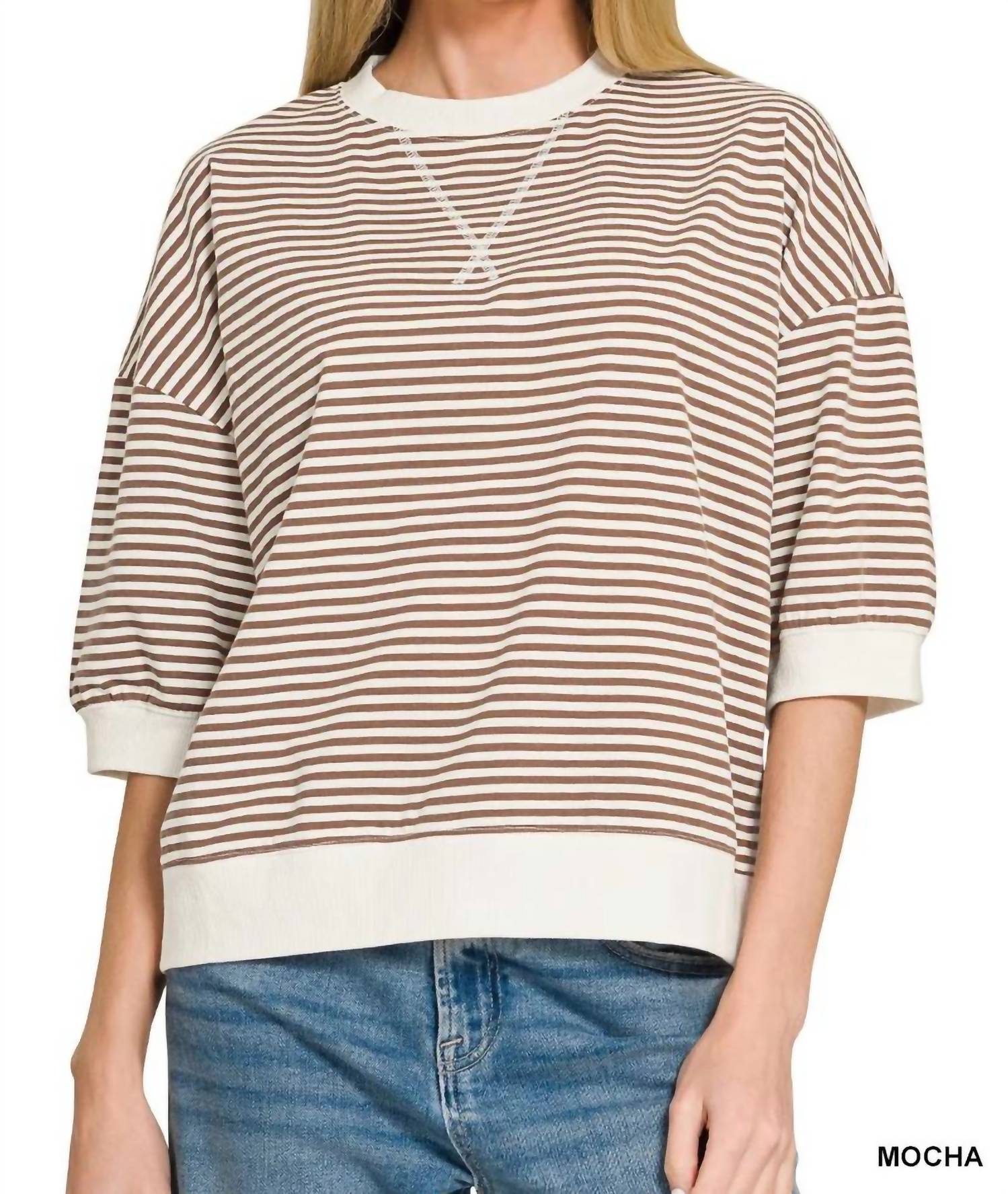 Zenana - Women's Striped Rib Banded Short Sleeve Pullover