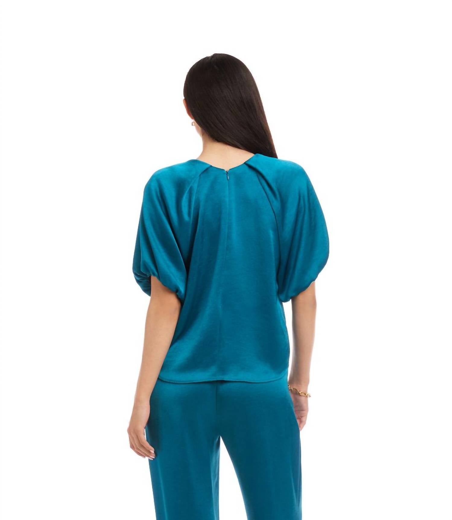 Karen Kane Puff Sleeve Satin Top in teal - women's blouse - detail view