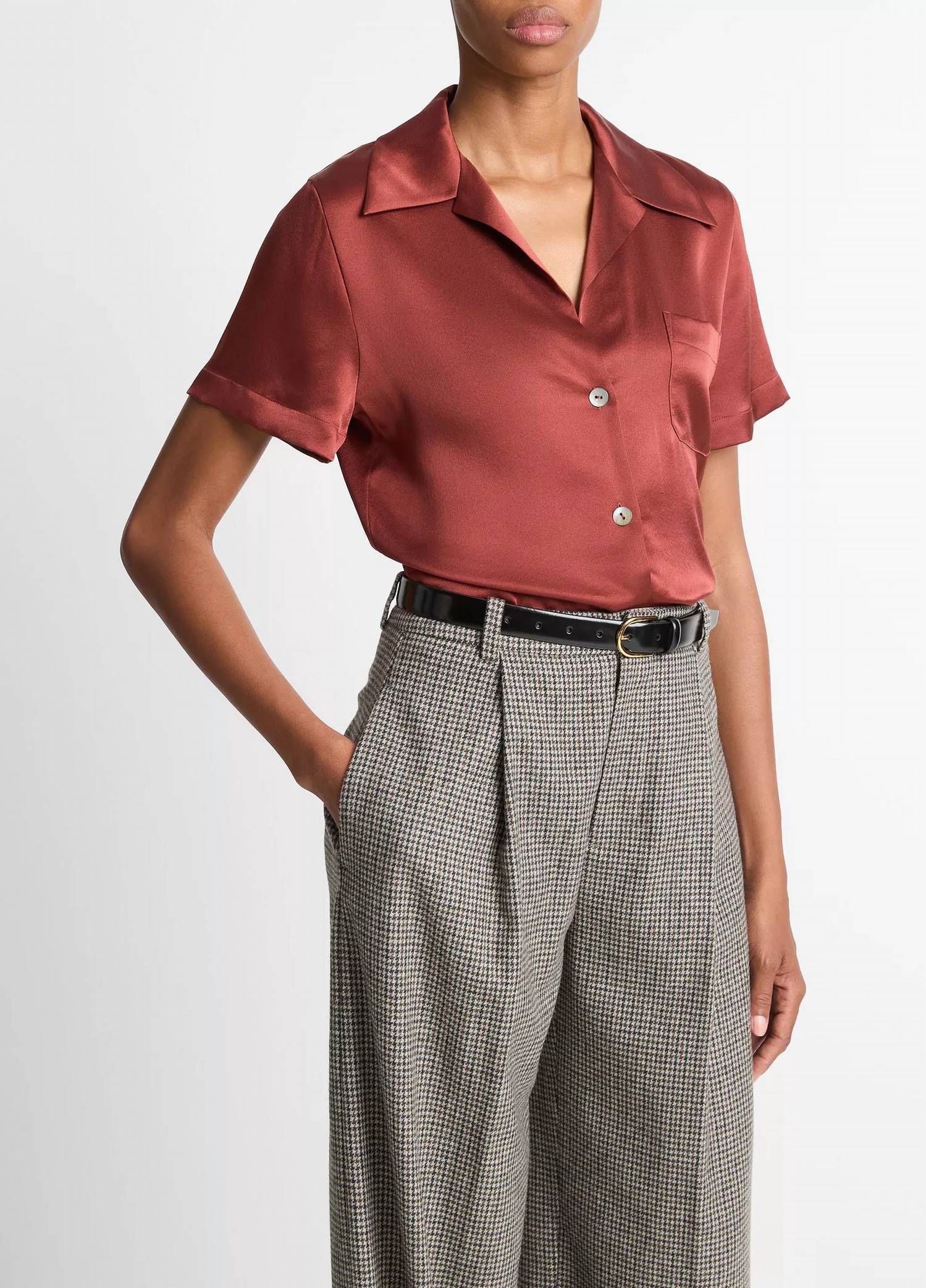 Vince Short Sleeve Button Down in siena - women's blouse - detail view
