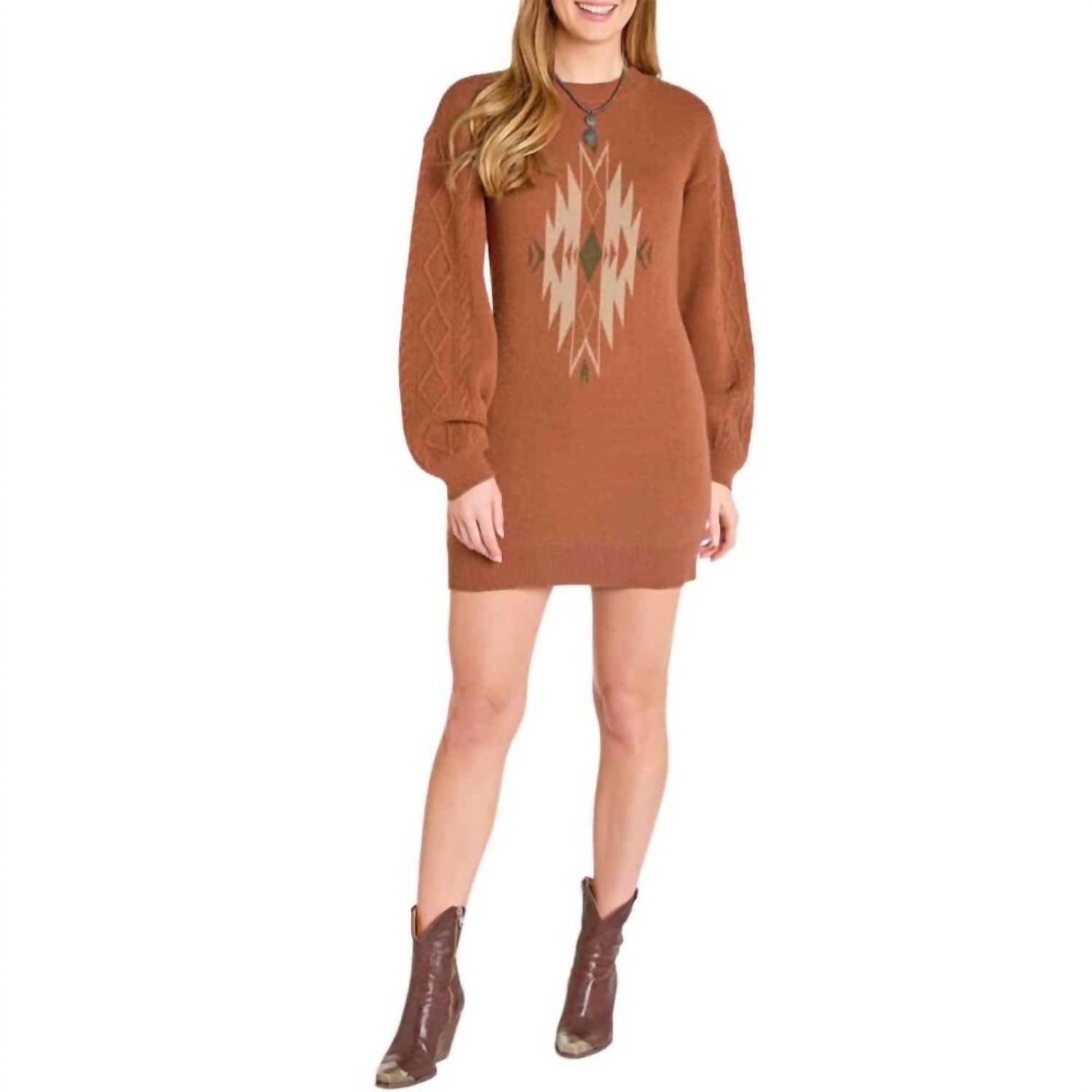 Rock & Roll Denim Aztec Sweater Dress in rust - women's dress
