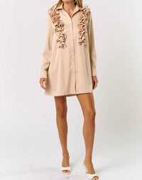 lalavon Satin Ruffle Detail Button Down Shirt Dress in champagne - women's dress - view 5