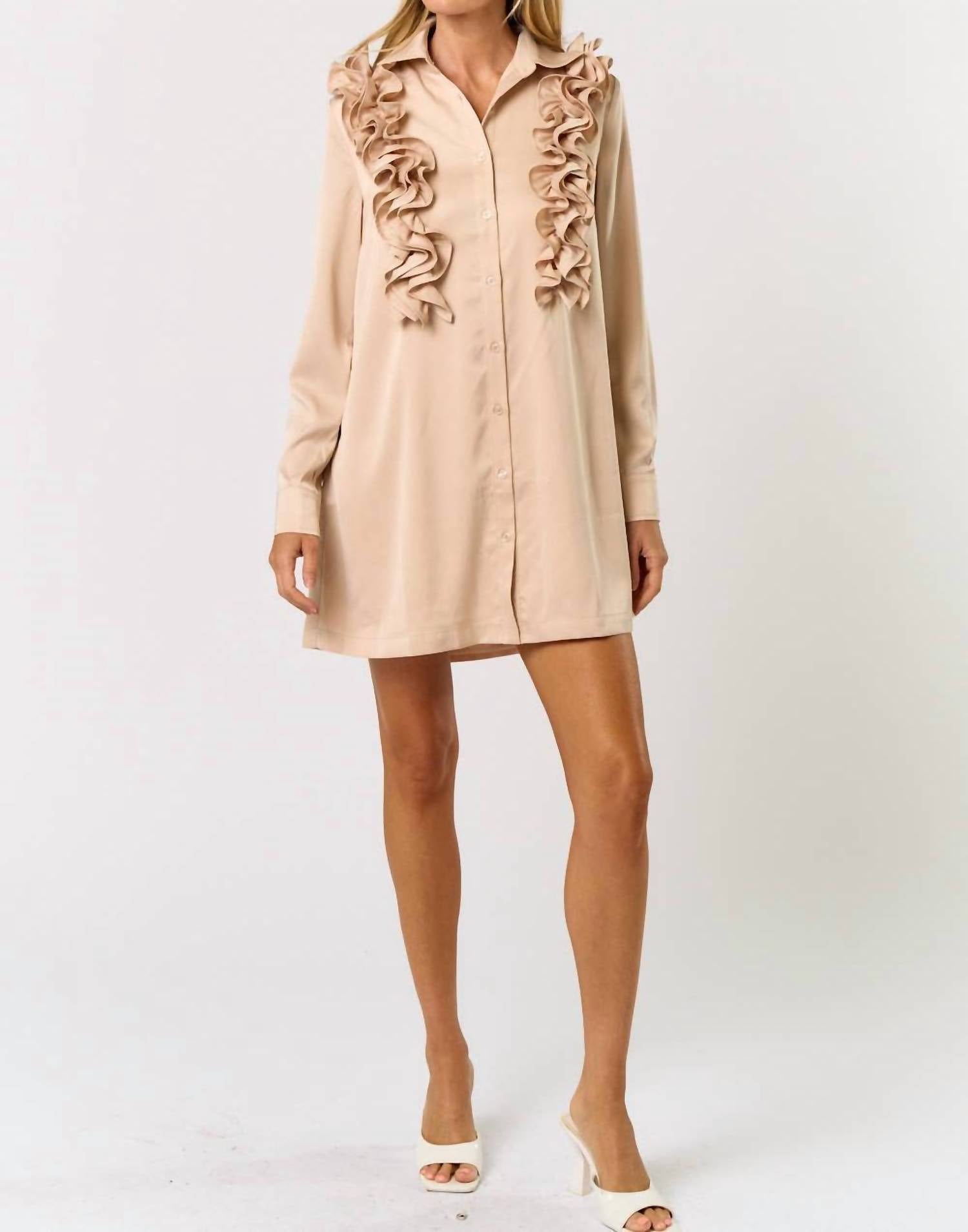 lalavon Satin Ruffle Detail Button Down Shirt Dress in champagne - women's dress - view 5