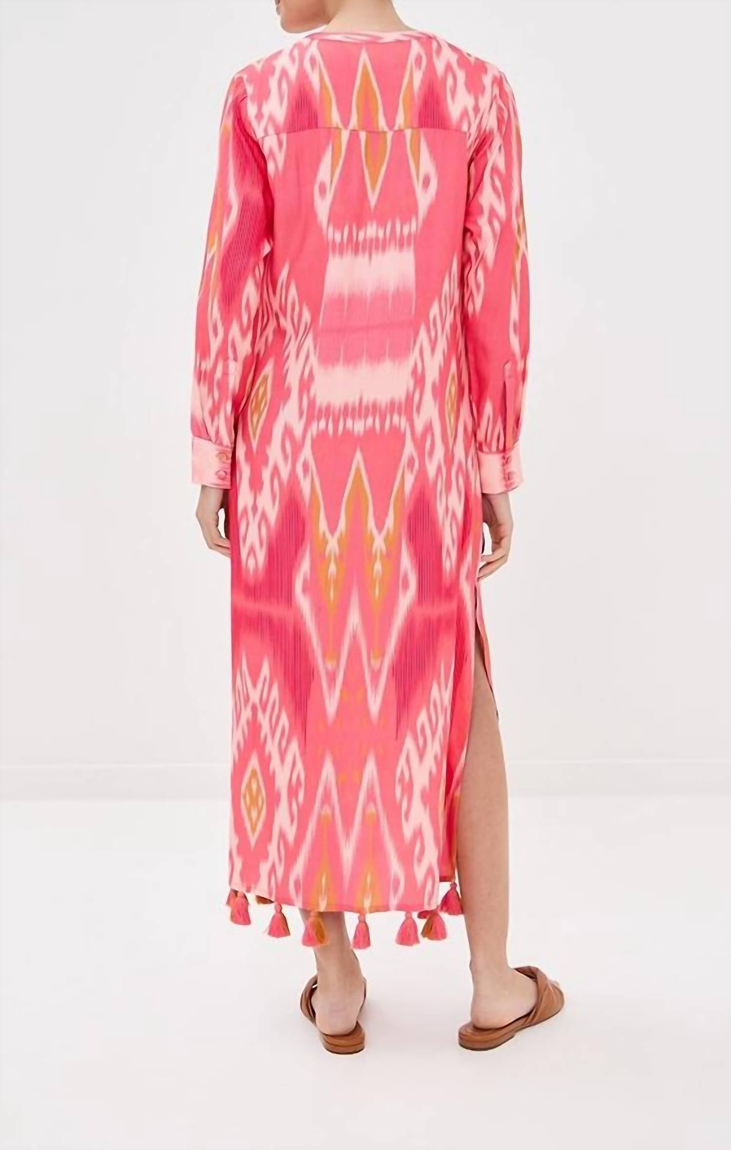 FIGUE Margaux Kaftan in salome ikat sunset coral - women's shirt - detail view