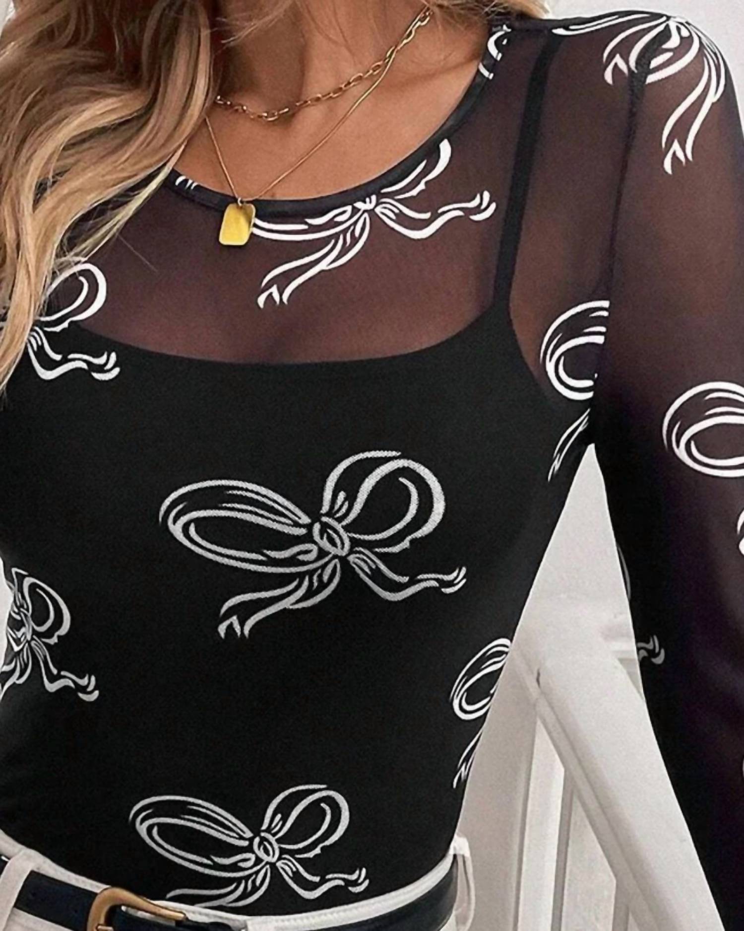 Shewin - Roundneck Bow Print Long Sleeve Mesh Top