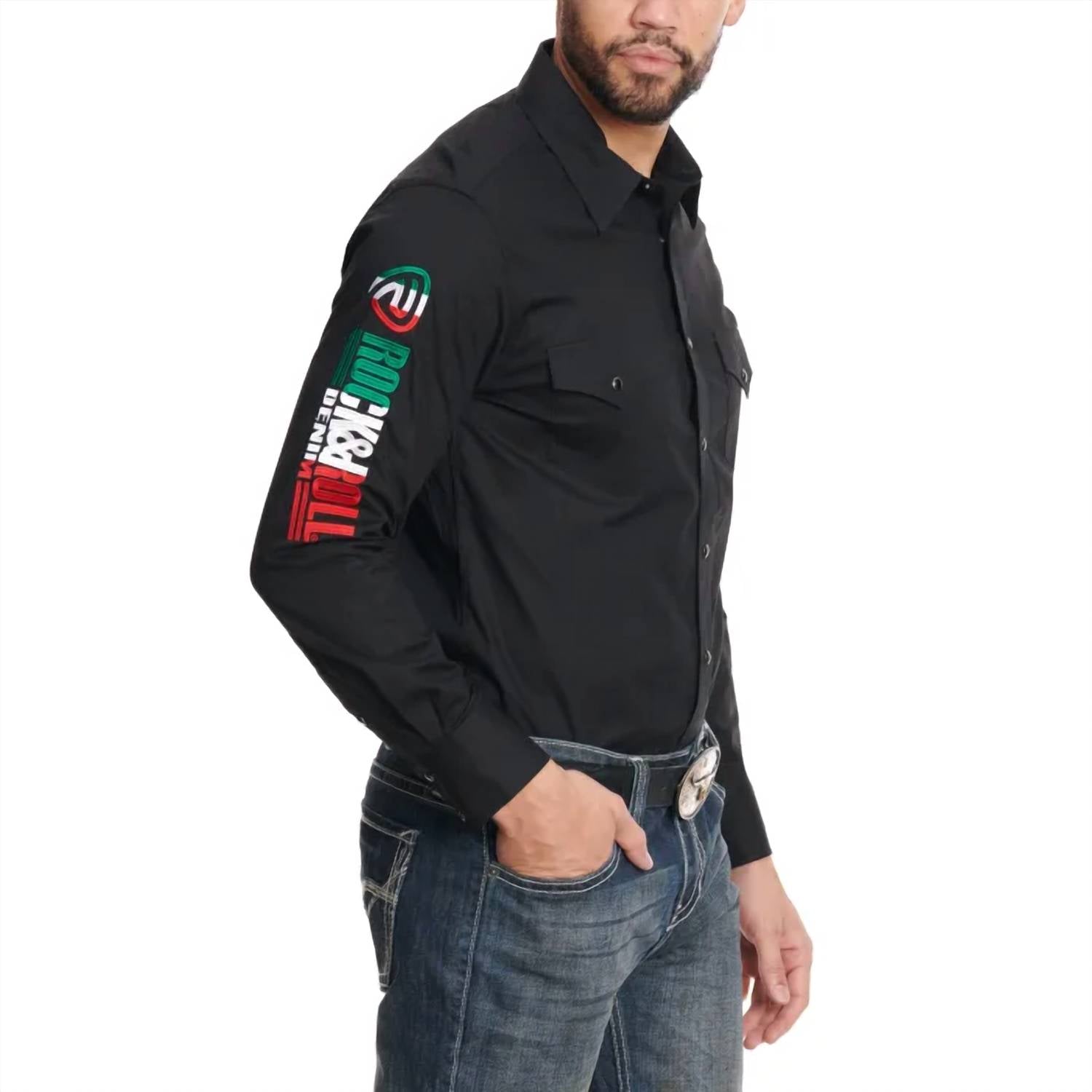 Rock & Roll Denim MEN'S EMBROIDERED MEXICO LOGO LONG SLEEVE WESTERN SHIRT in black - men's shirt - detail view