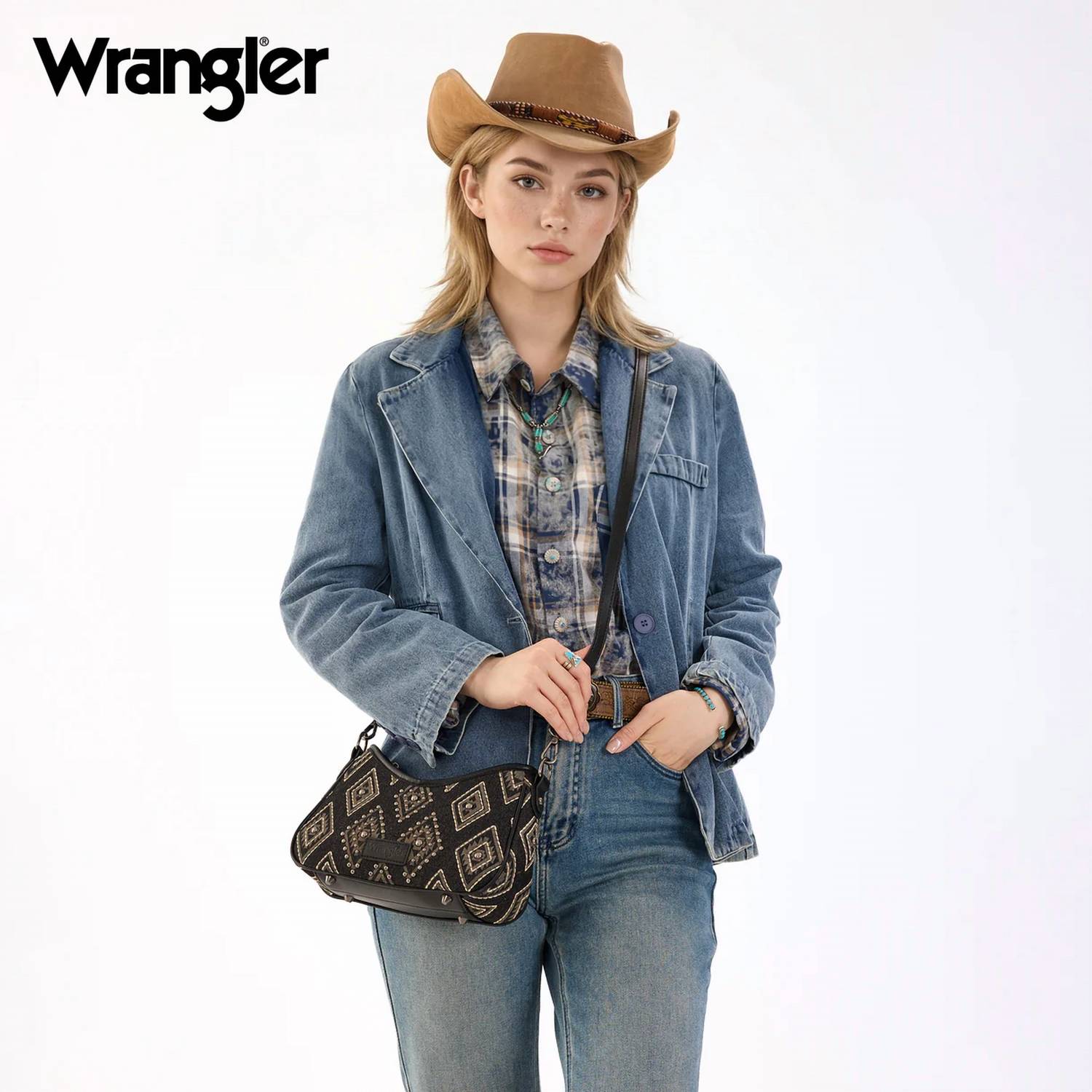Wrangler Aztec Studded Denim Shoulder Bag with Mini Pouch in black - women's bag - alternate view
