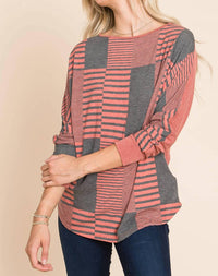 Emerald Collection - Stripe And Solid Dolman Sleeves Top