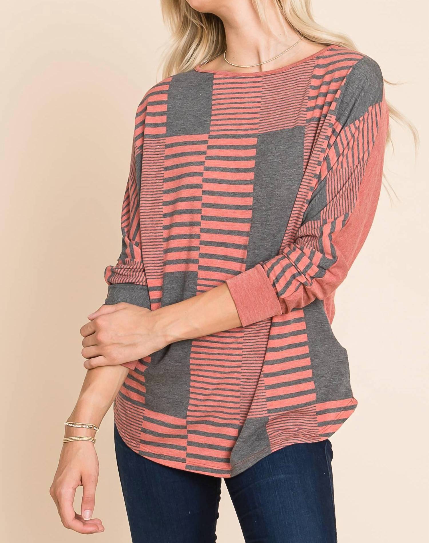 Emerald Collection - Stripe And Solid Dolman Sleeves Top