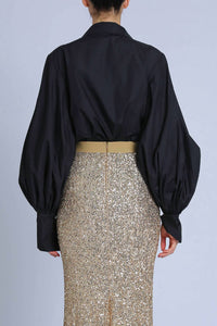 BEULAHSTYLE V-neck Cut Collar Puff Blouse in black - women's blouse - detail view