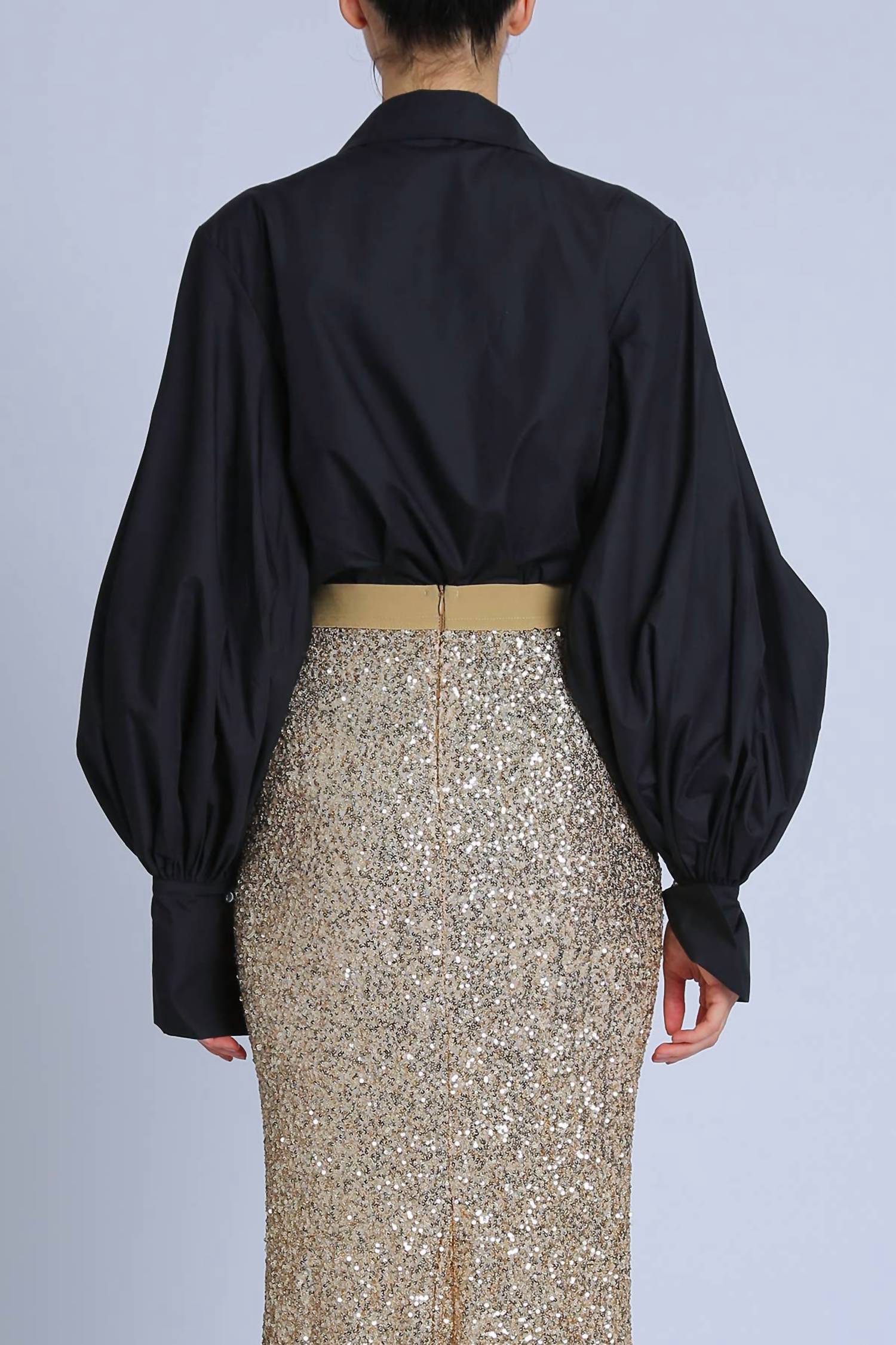 BEULAHSTYLE V-neck Cut Collar Puff Blouse in black - women's blouse - detail view