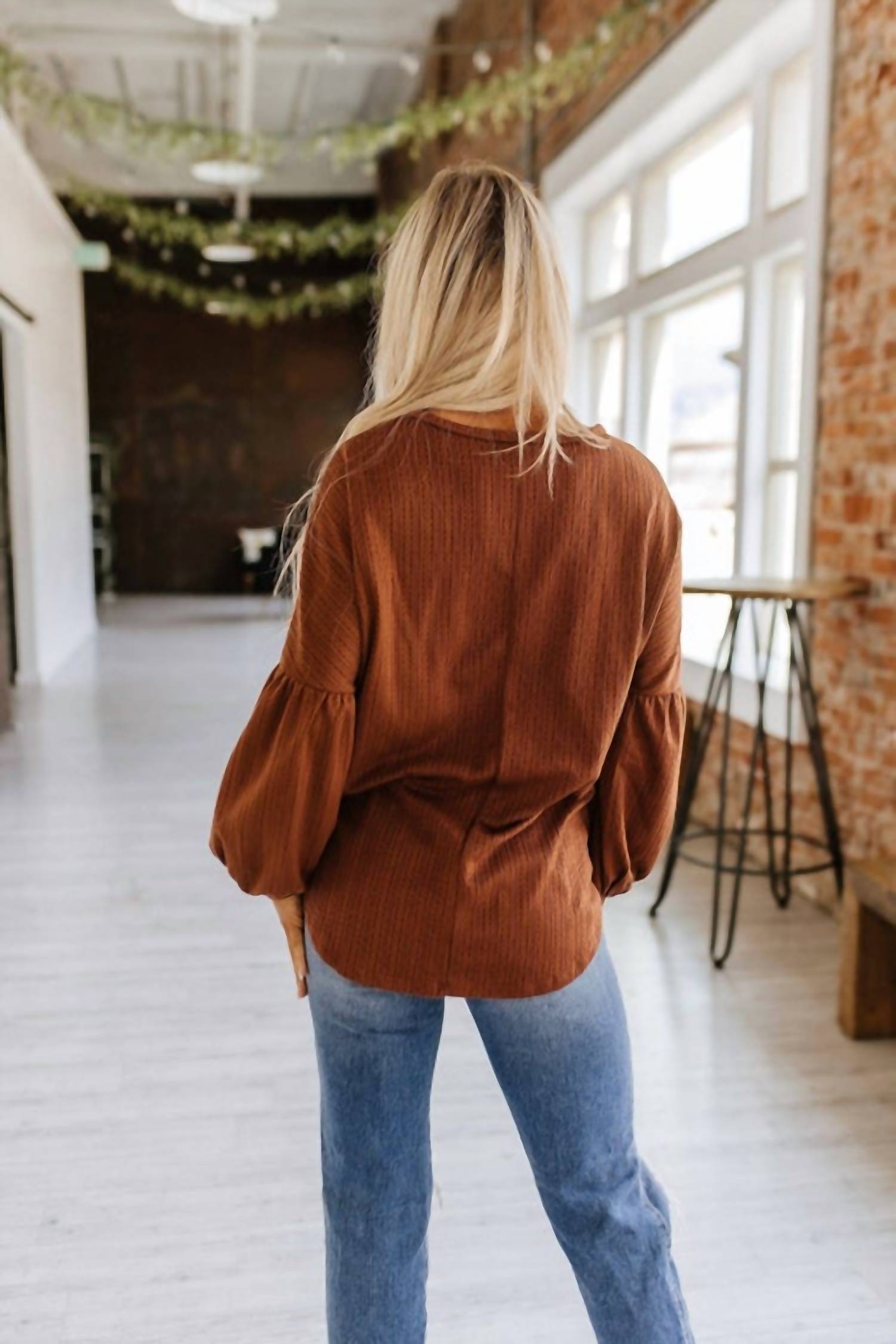 Liam & Company Brooks Textured Blouse in brown - women's long sleeve top - detail view