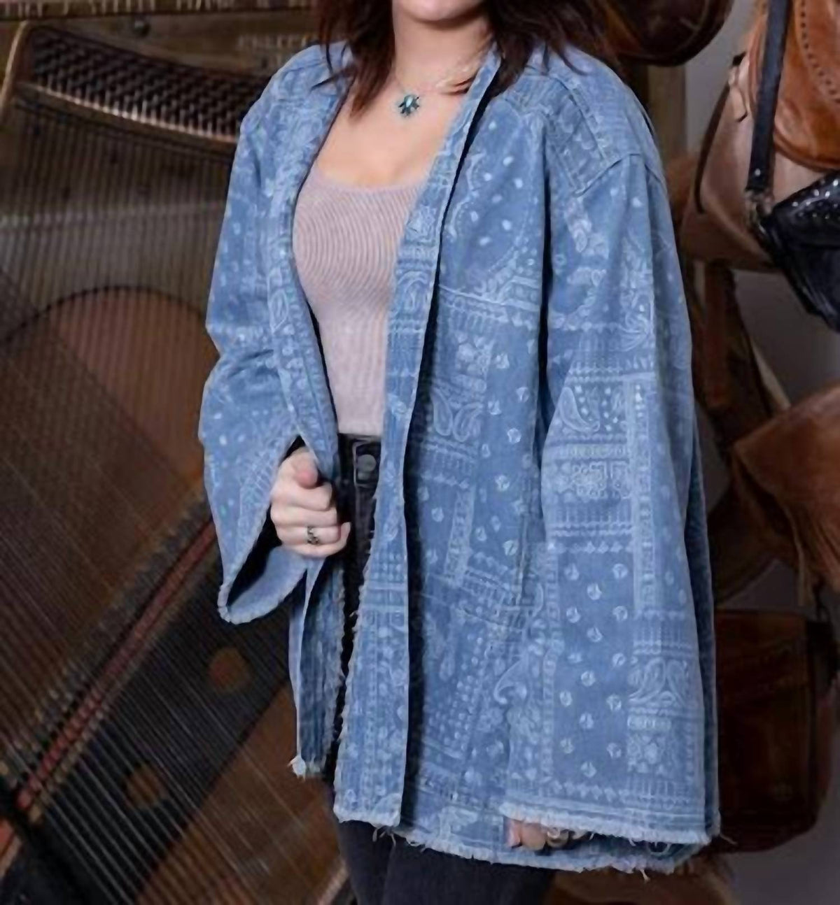Pol - Oversized Denim Paisley Print Jacket