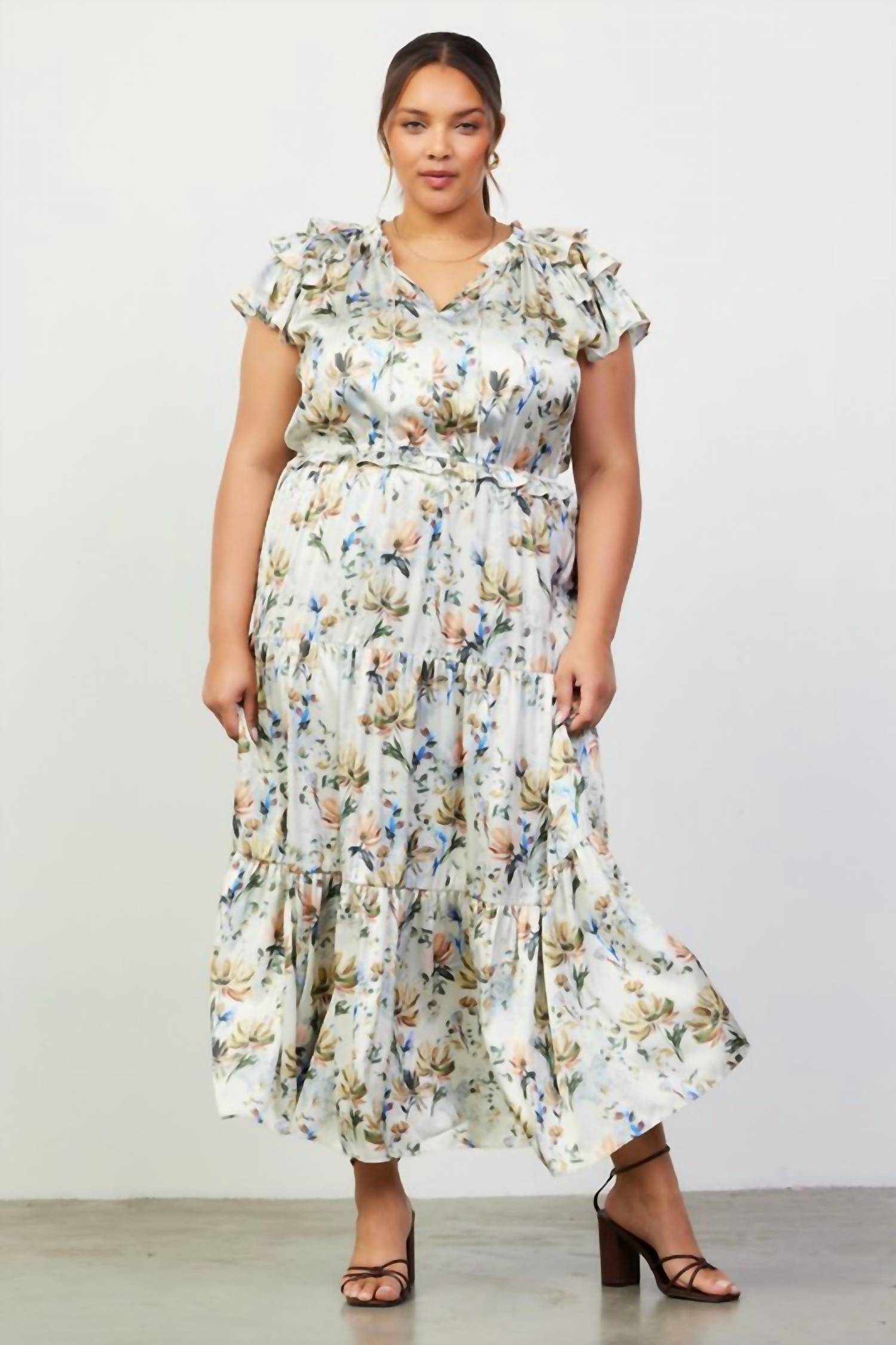 Skies Are Blue - Floral Print Ruffled Short Sleeve Long Dress - Plus