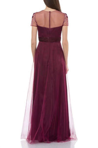 Js Collections - Short Sleeve Embellished Bodice Mesh Gown