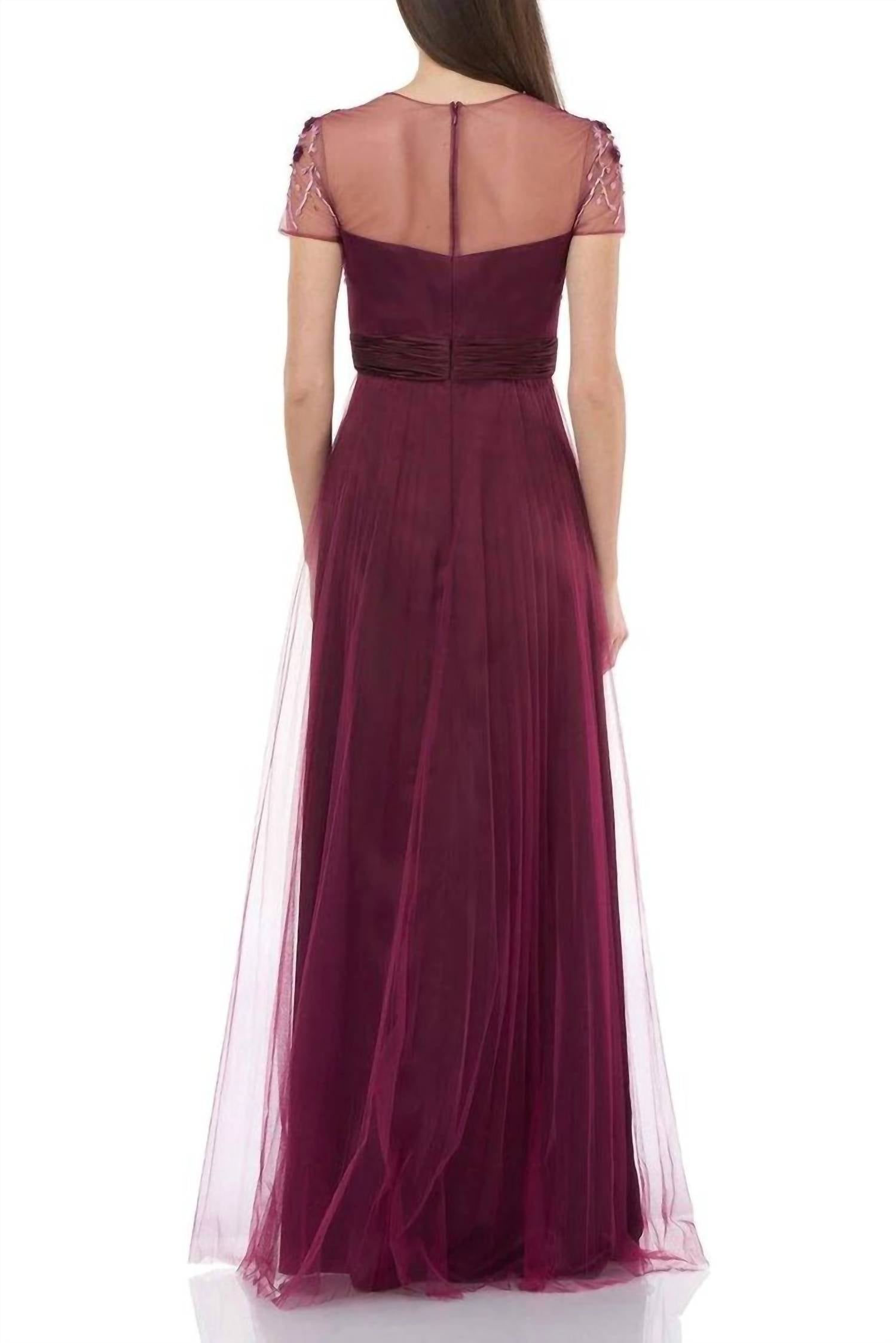 Js Collections - Short Sleeve Embellished Bodice Mesh Gown