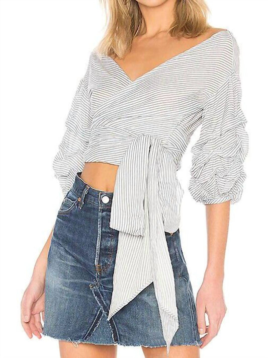 Lovers + Friends - Striped Puff Sleeve Bow Wrap Blouse