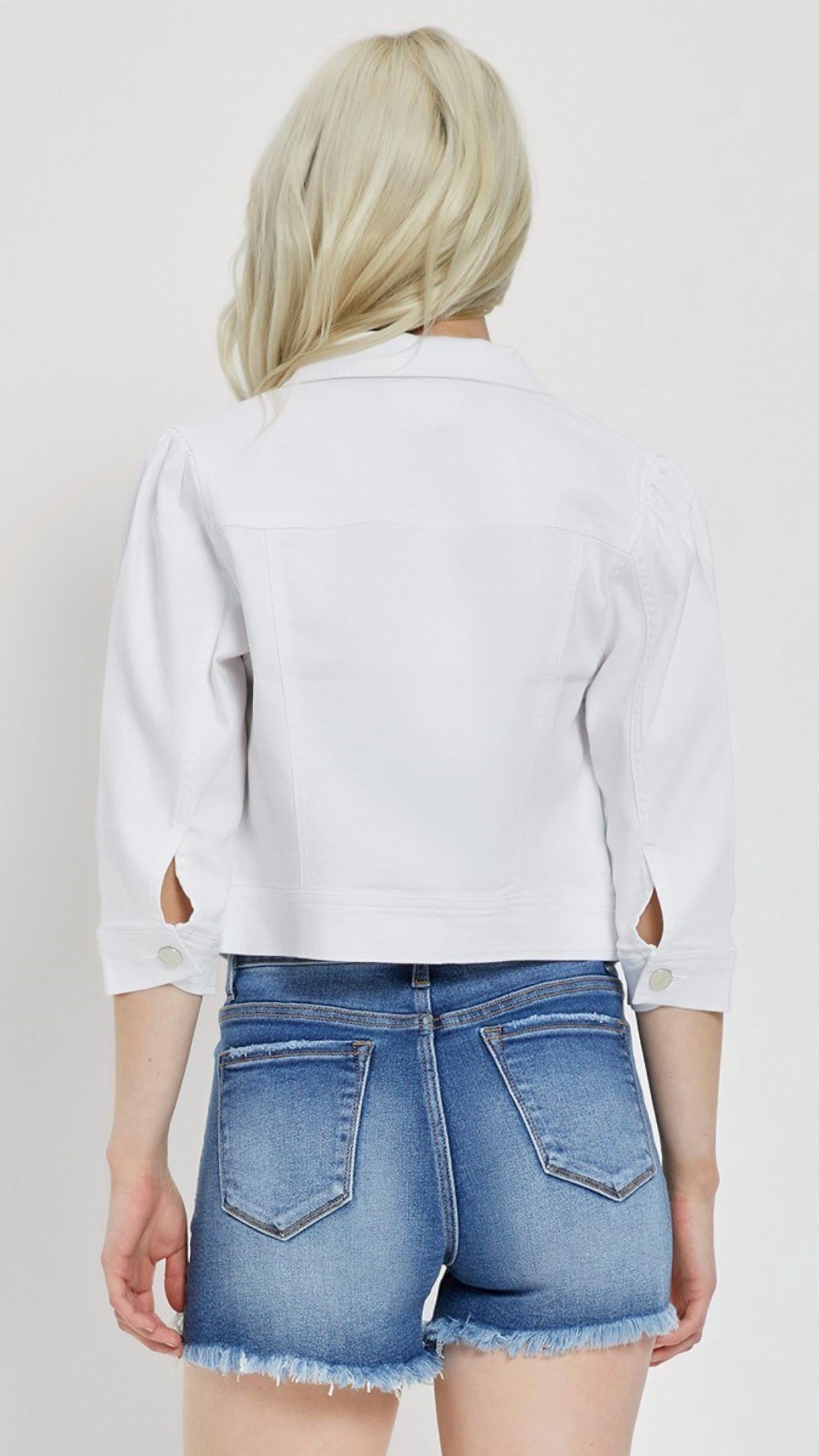 RISEN Shirring Sleeve Cropped Denim Jacket in white - women's jacket - view 4
