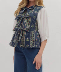 Entro - Quilted Botanical Print Sleeveless Peplum Vest