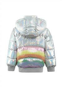 Lola + The Boys Kid's Hologram Rainbow Puffer in silver rainbow - kids' jacket - alternate view