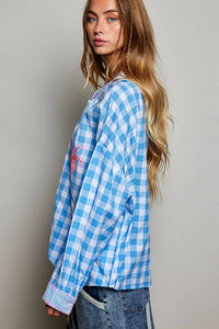Pol - Graphic Palm Tree Embroidery Paid Blouse Top