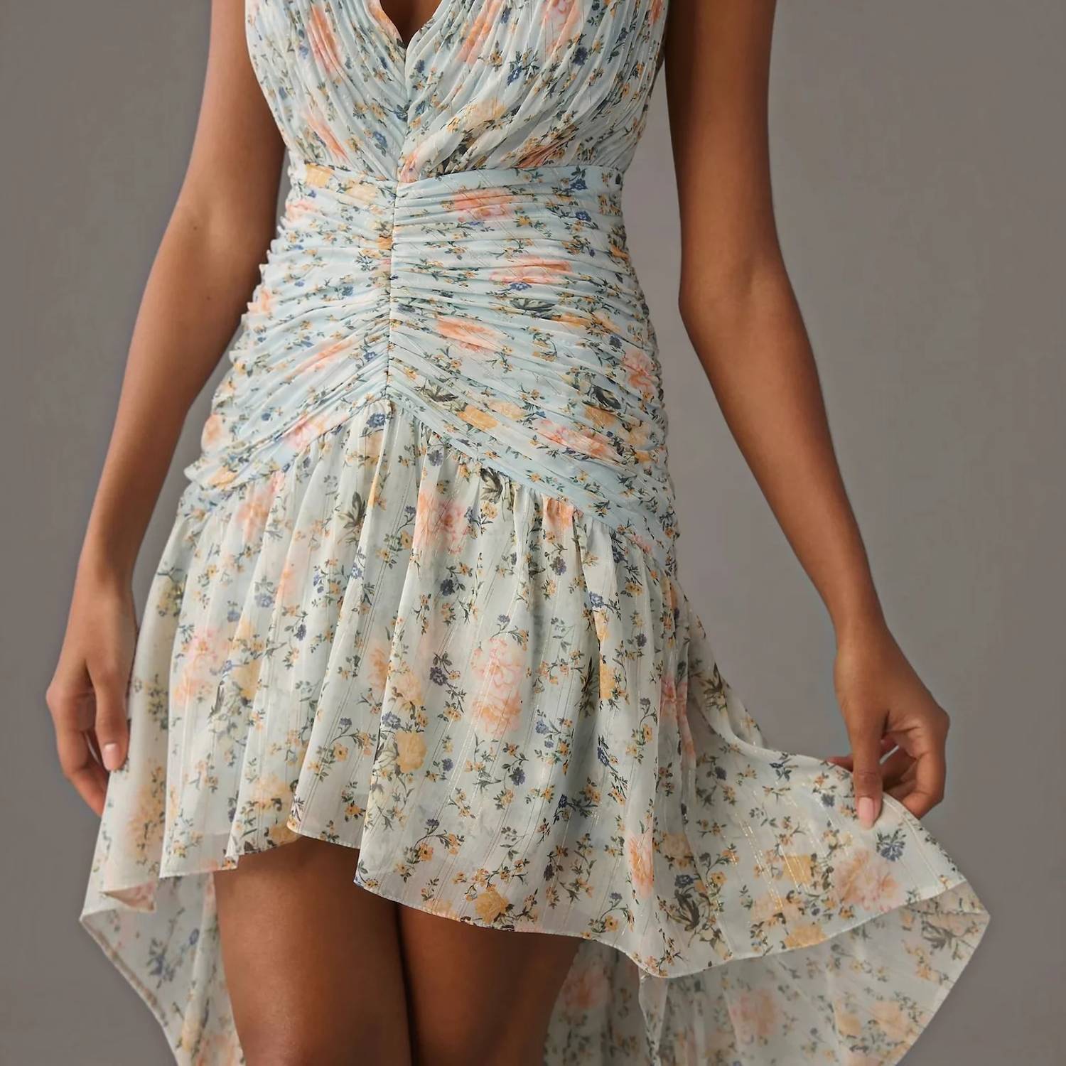 Mac Duggal - Metallic Floral Print Chiffon High-low Gown