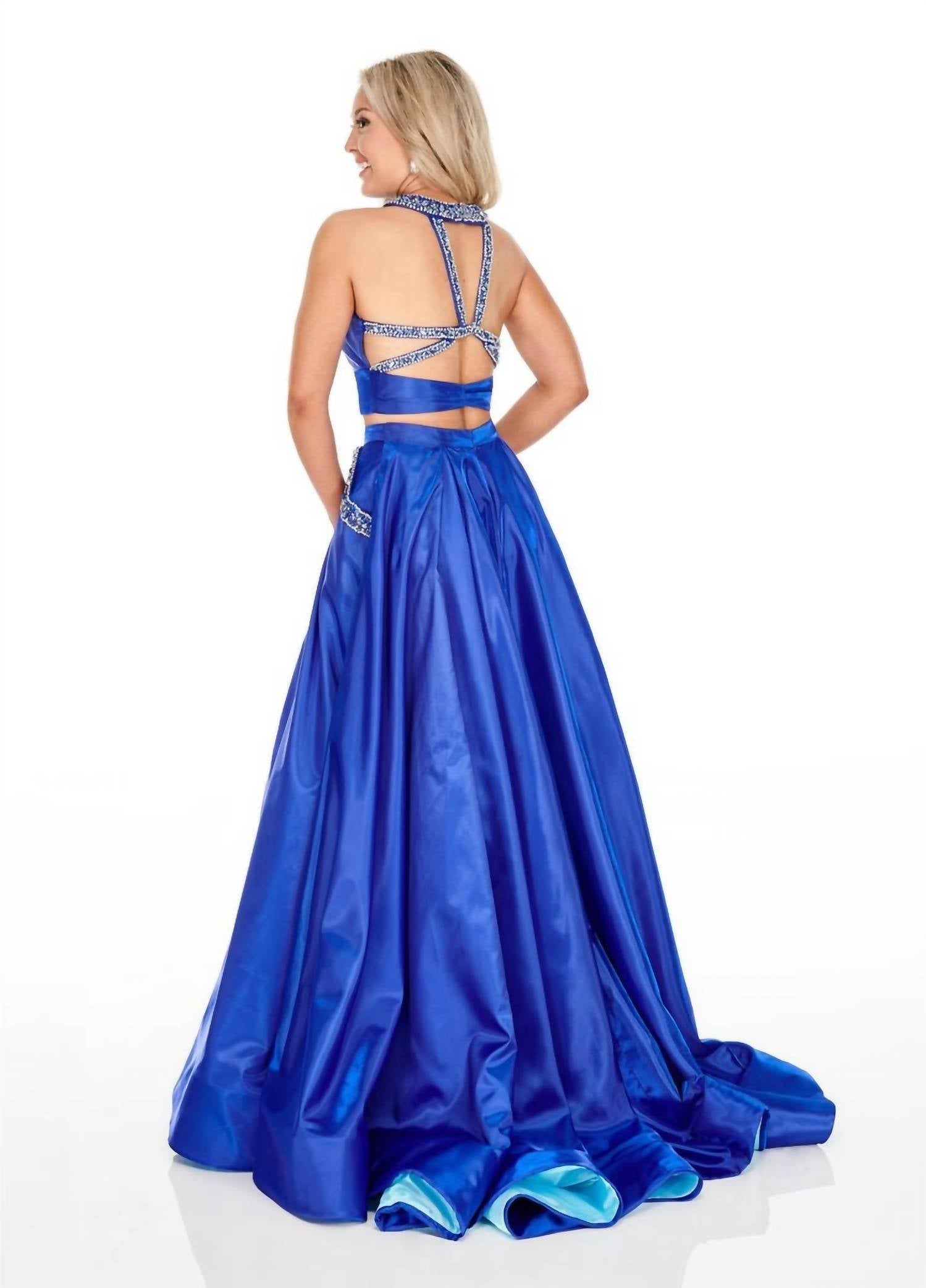 Rachel Allan - Two-piece Beaded Halter Ballgown With High Slit