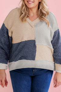 66Disco - Textured Colorblock Patchwork V-neck Top - Plus