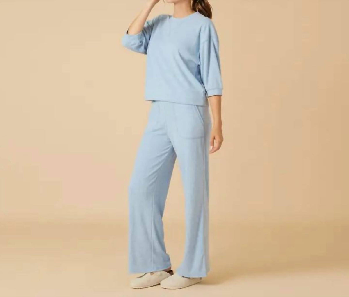 Softies - Terry Cropped Sleeve Crew Neck With Wide Leg Pant Set