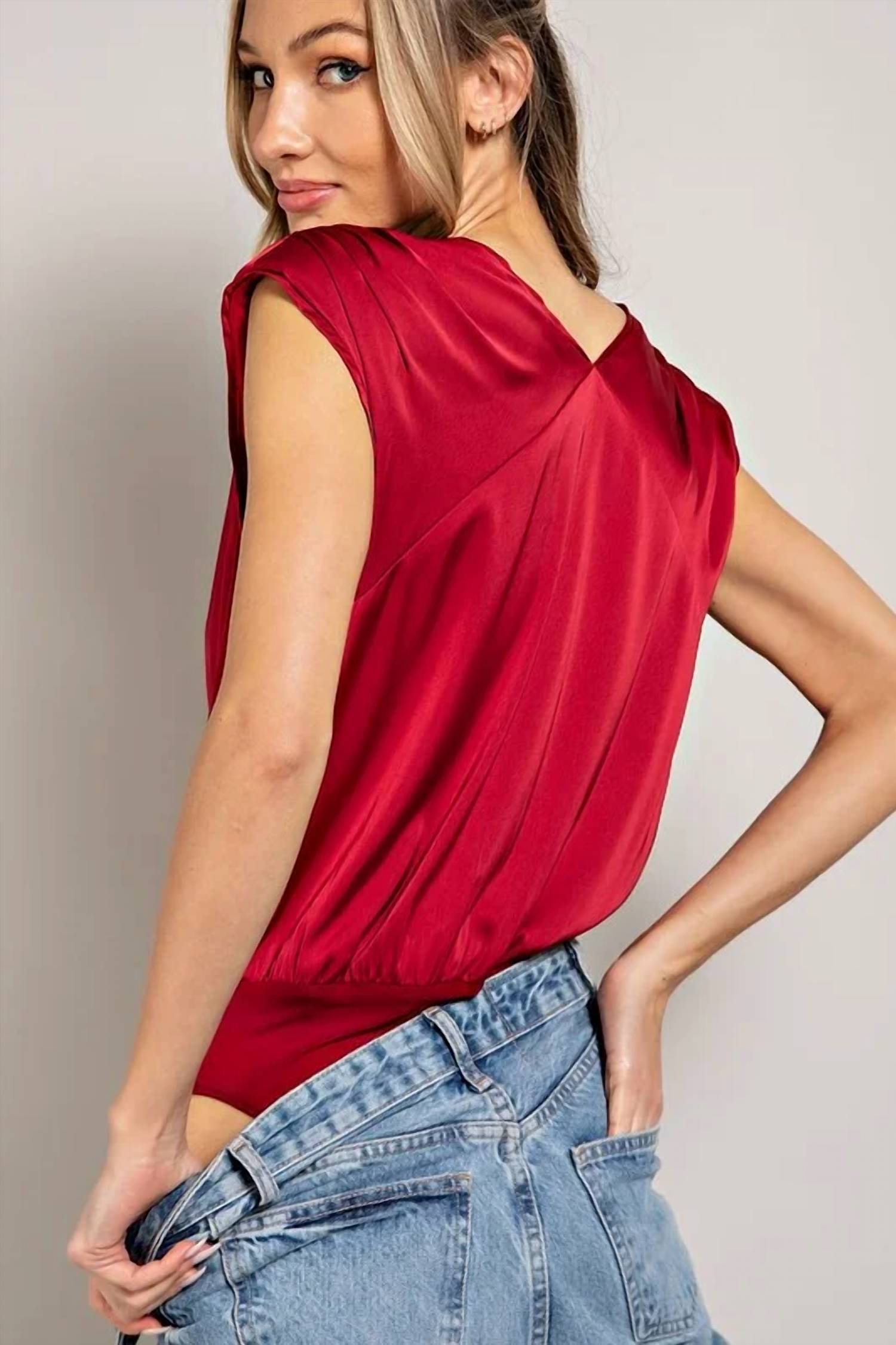 Ee:Some - Satin V Neck Bodysuit Top