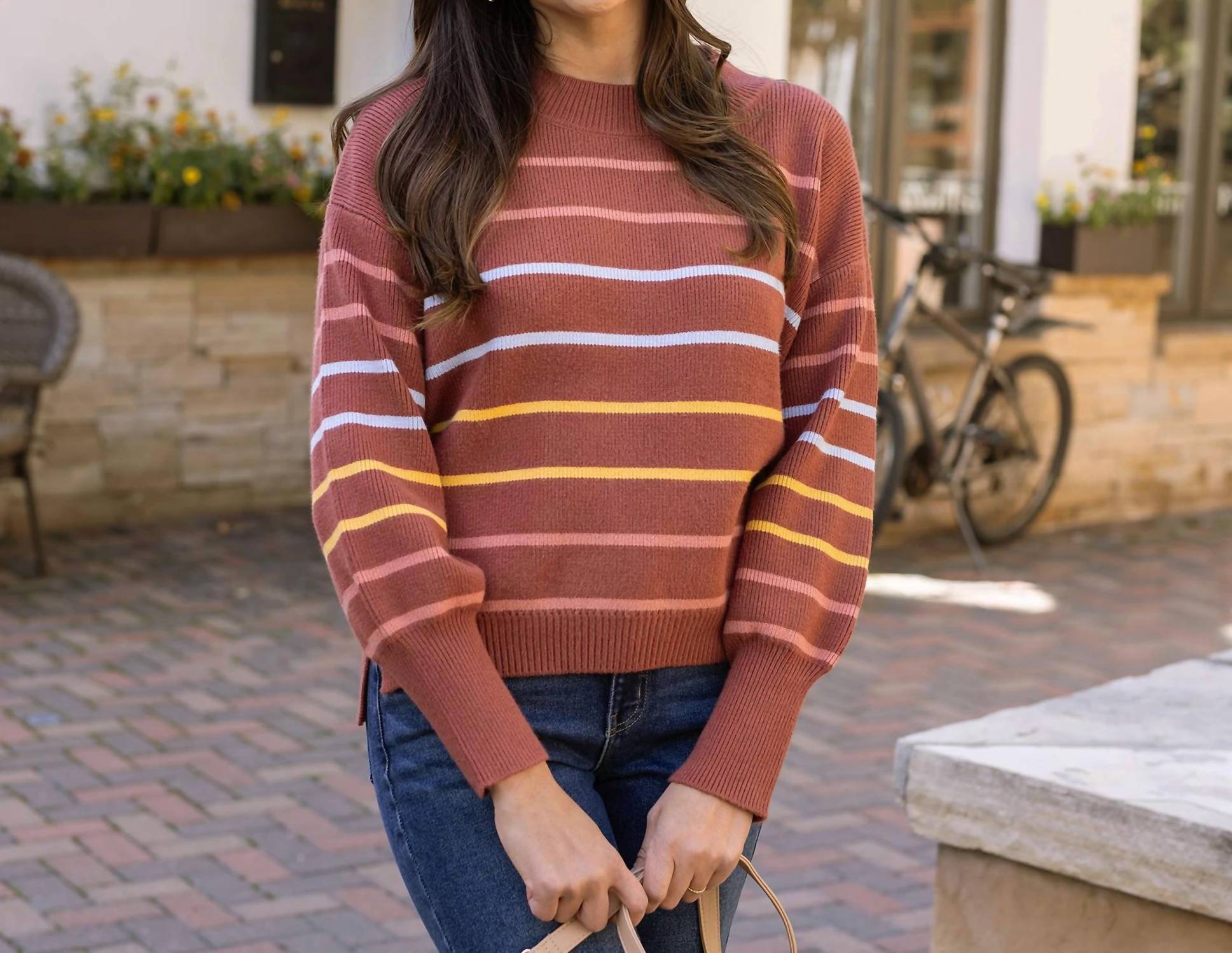 Grace and Lace Crew Neck Striped Sweater in terracotta stripe - women's sweater - view 5