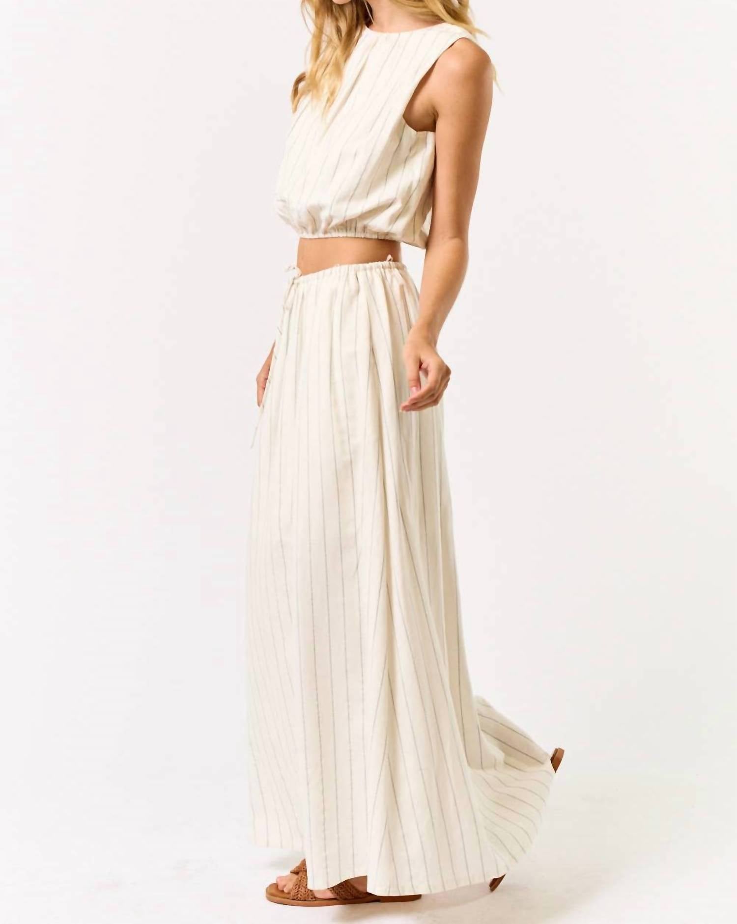 Lalavon - Stripe Cropped Bubble Top & Maxi Skirt Set
