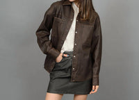 Rd International - Aliska Distressed Faux Leather Snap Front Shirt