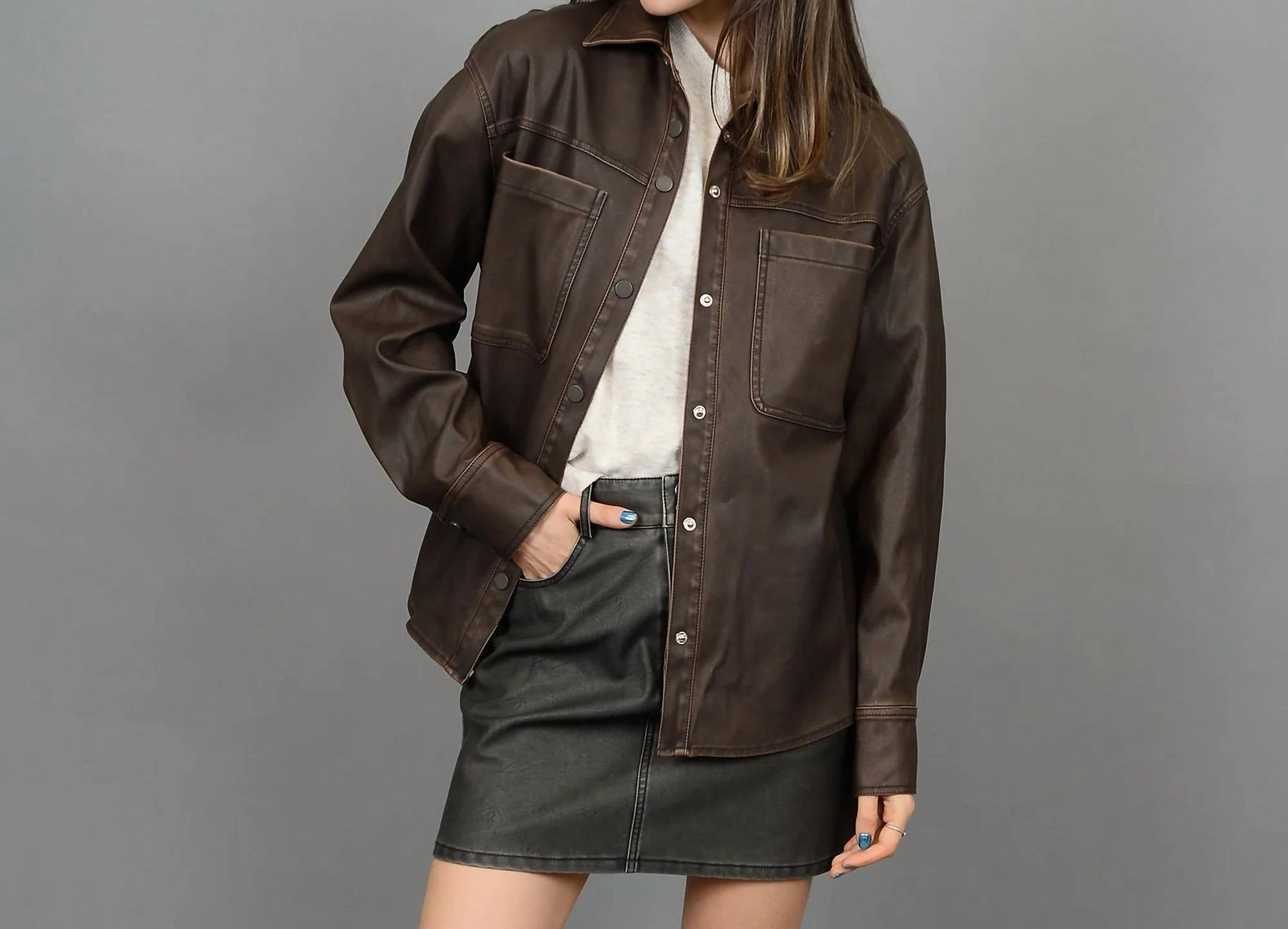 Rd International - Aliska Distressed Faux Leather Snap Front Shirt