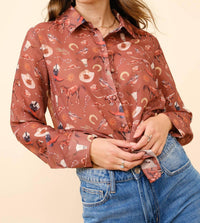 Blue B Western Print Chiffon Button Up Blouse in russet brown - women's blouse - view 5