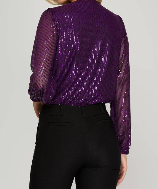 She + Sky - Sequin Surplice V-neck Bodysuit