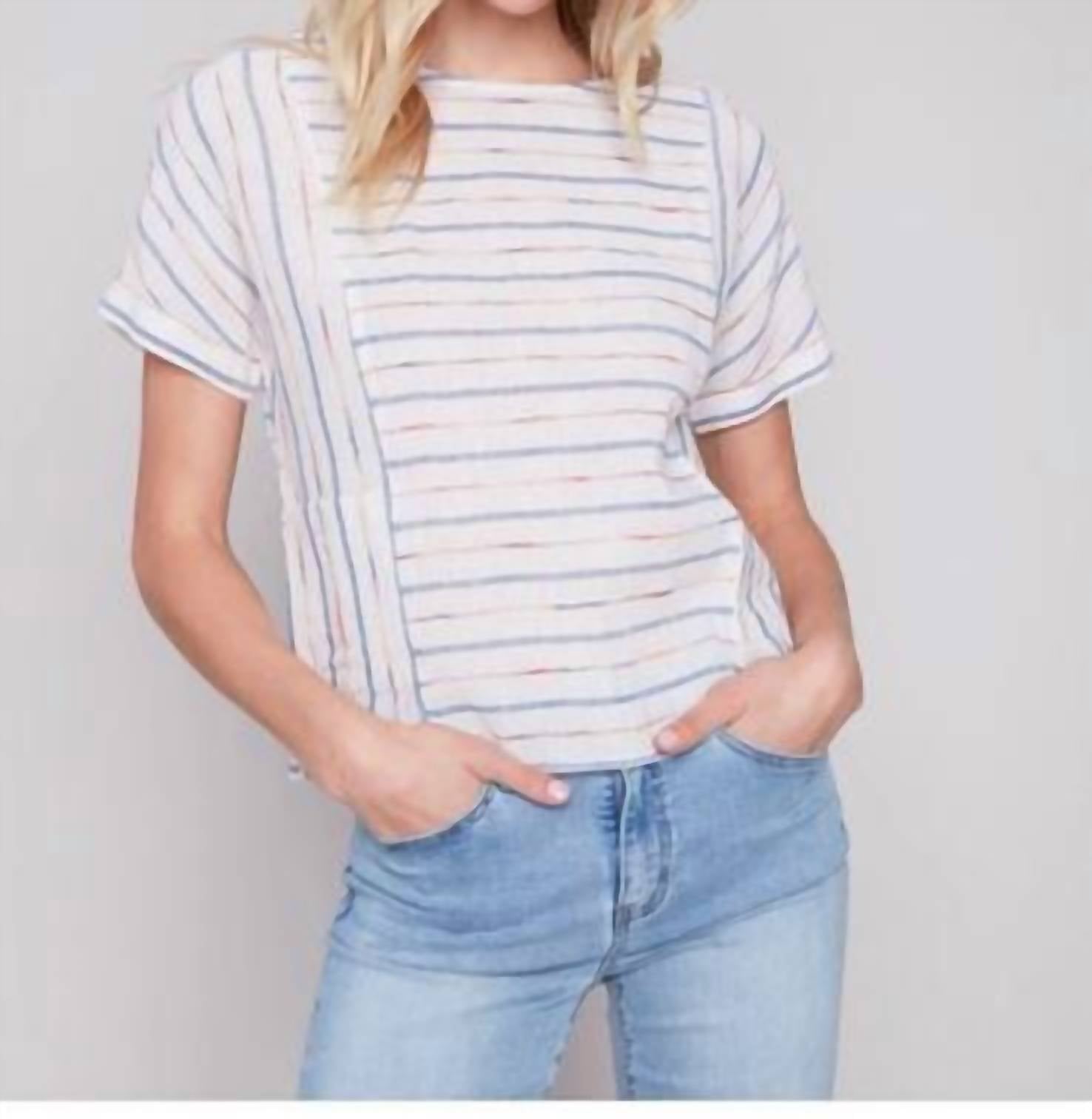 Charlie B - Yarn Dyed Embroidered Stripe Boxy Top With Pockets