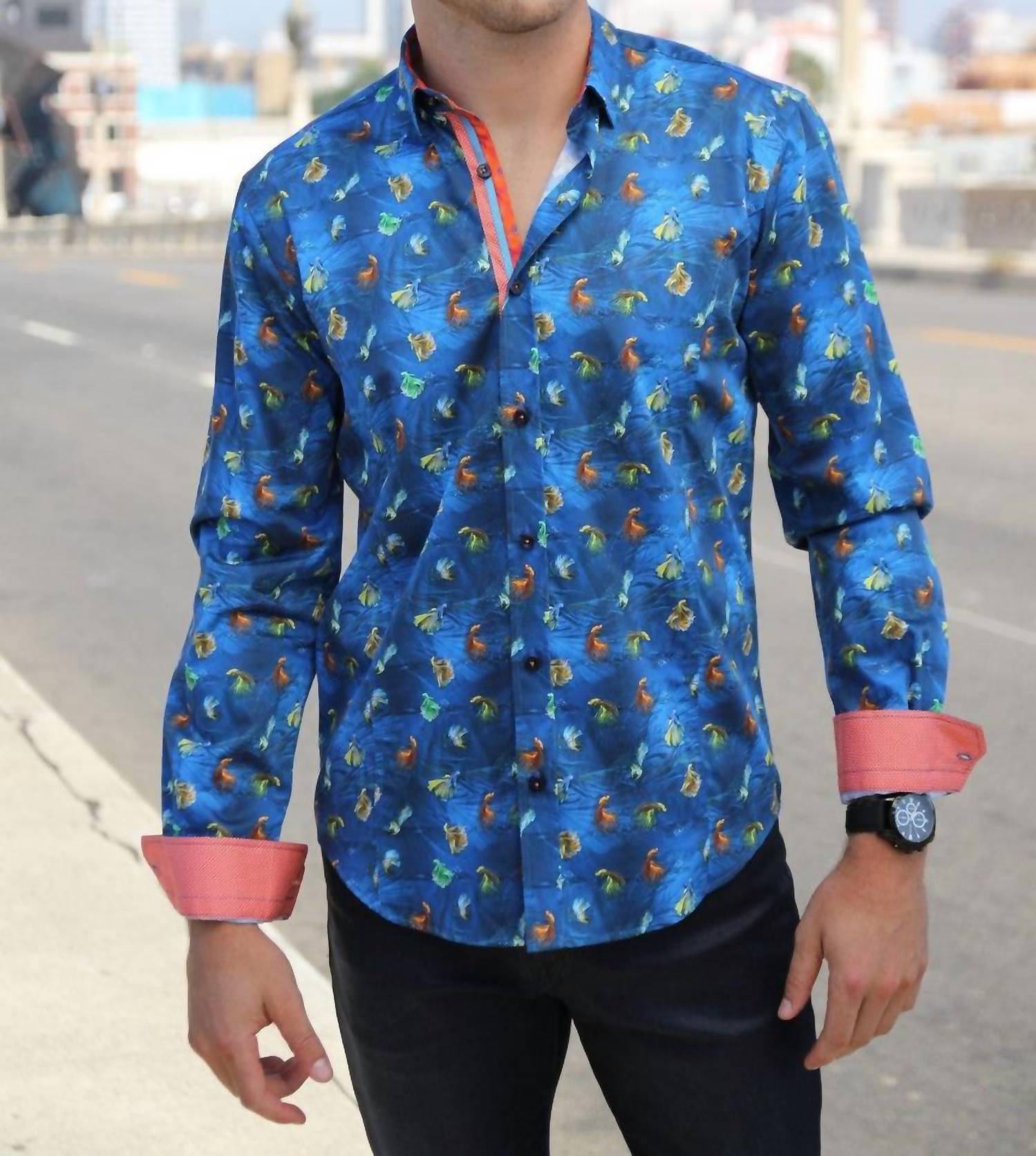 Eight X - Fish Print Button Down Shirt With Trim