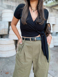 GILLI Wide Twill Slacks Trouser Pant in olive army green - women's pants - alternate view