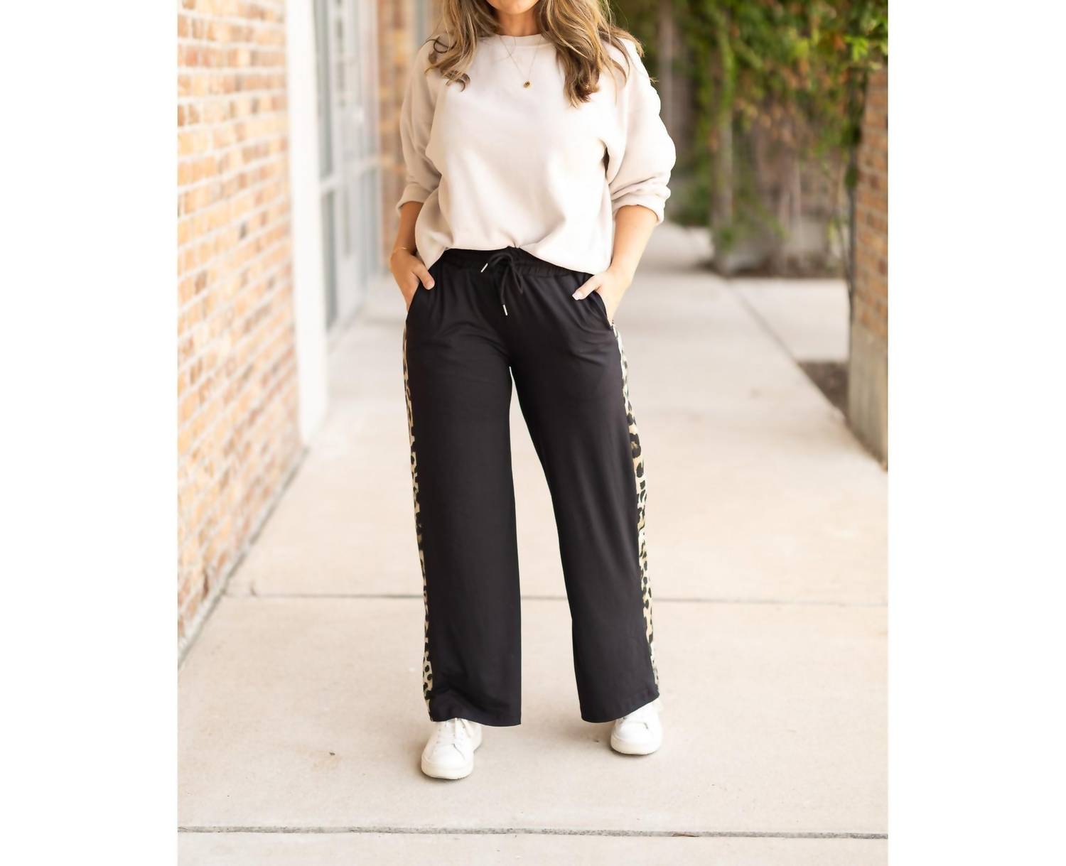 Julia Rose Chelsea Wide Leg With Leopard Panel Loungers in black - women's pants - view 4