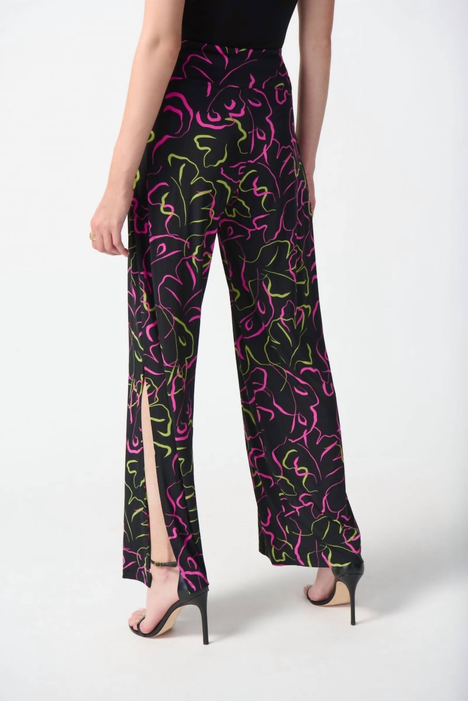 Joseph Ribkoff - Abstract Print Side Slit Pull On Wide Leg Pants